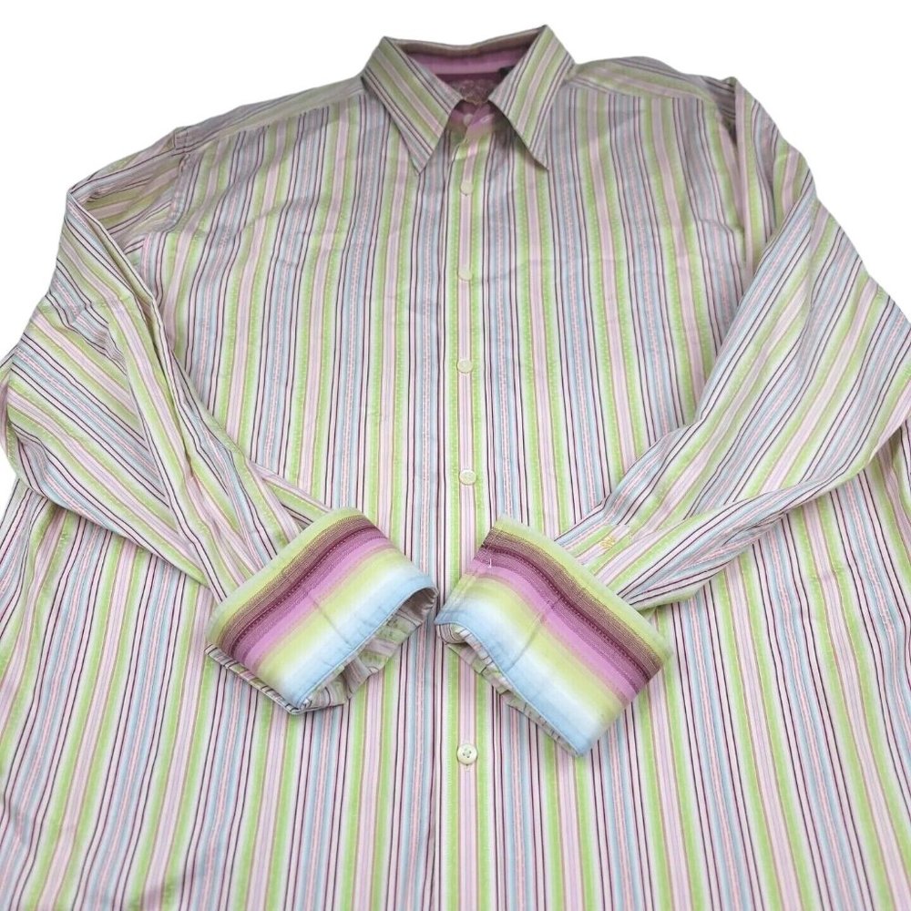 Robert Graham Mens 2XL Shirt Flip Cuff White Button Up Multicolor Strip Colorful